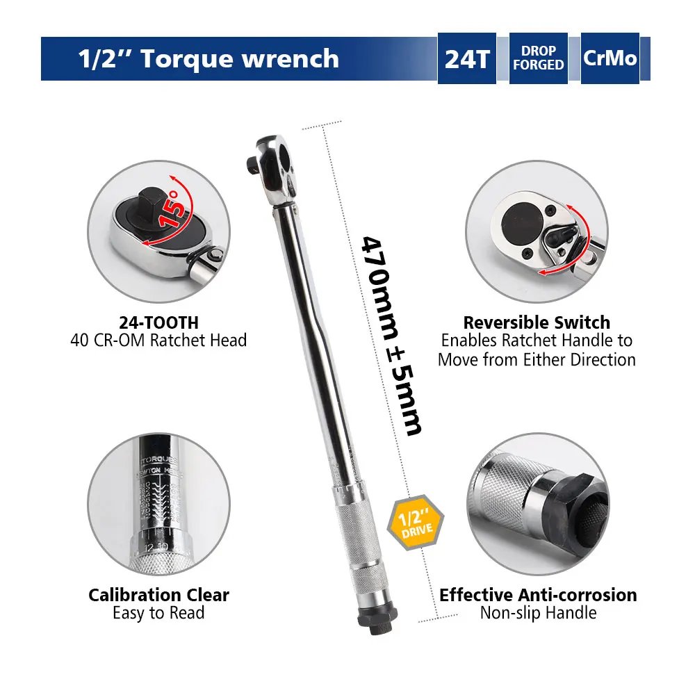 Preset Torque Wrench 1/2 Inch Drive 28-210N.m Chrome Vanadium Steel Hand Tool for Car Motorbike Repair