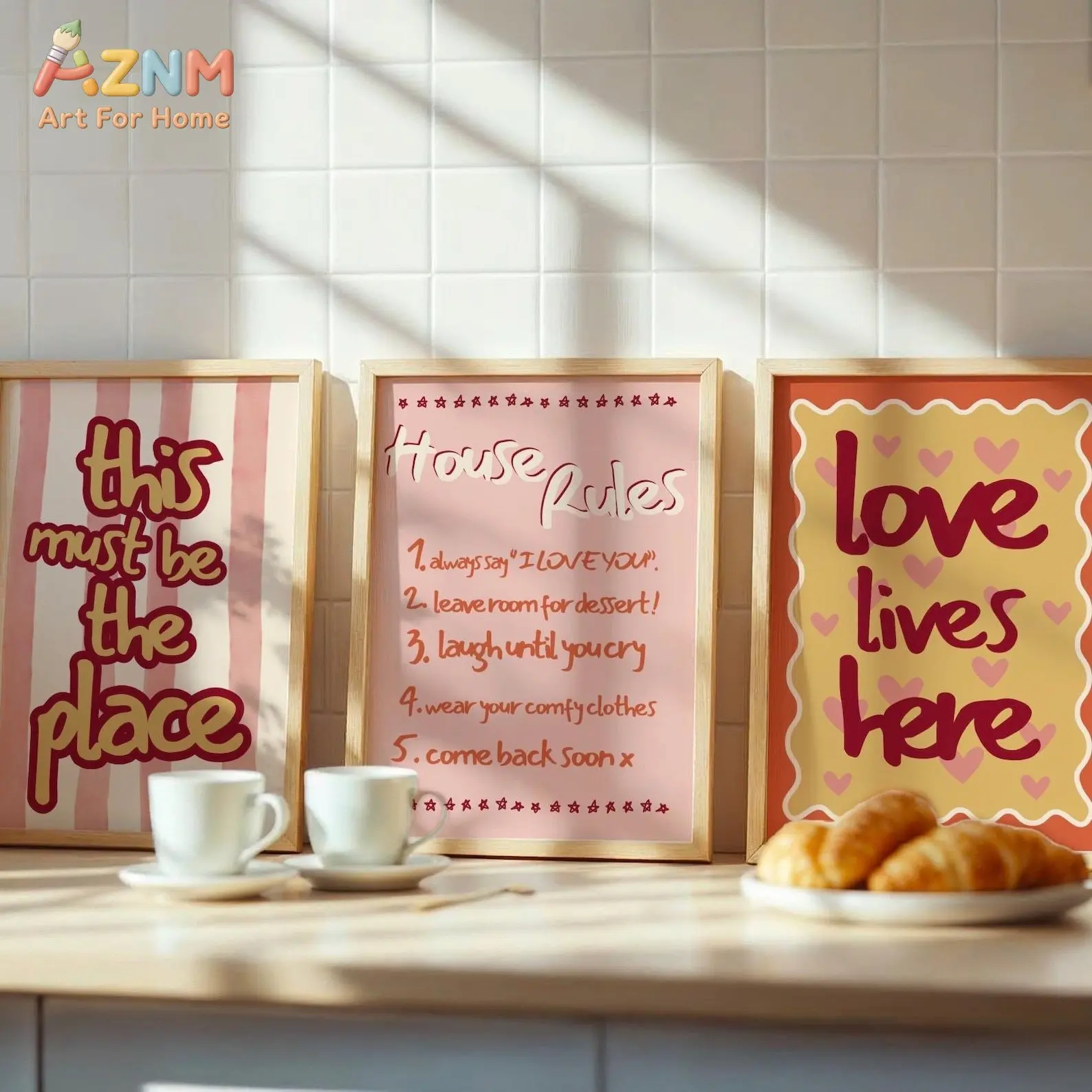 Pink Preppy Wall Art Set of 3, House Rules Print, Love Lives Here, This Must Be The Place, Dopamine Wall Art Set