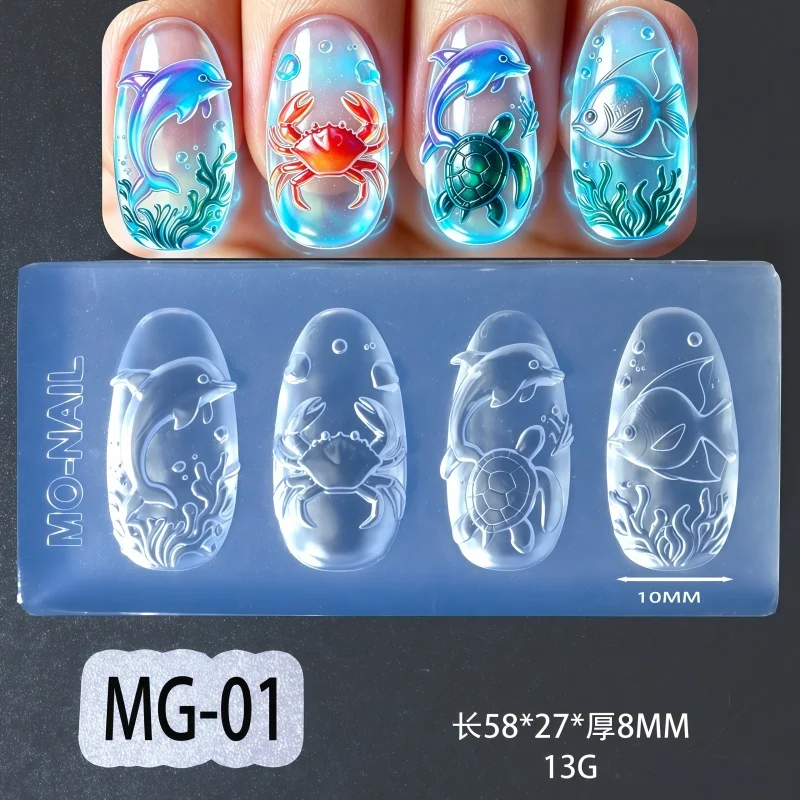 3D Embossed Ocean-Themed Nail Art Mold Customizable Summer Sea Animal Design Deep Sea Mystery Wearable Nail Tips