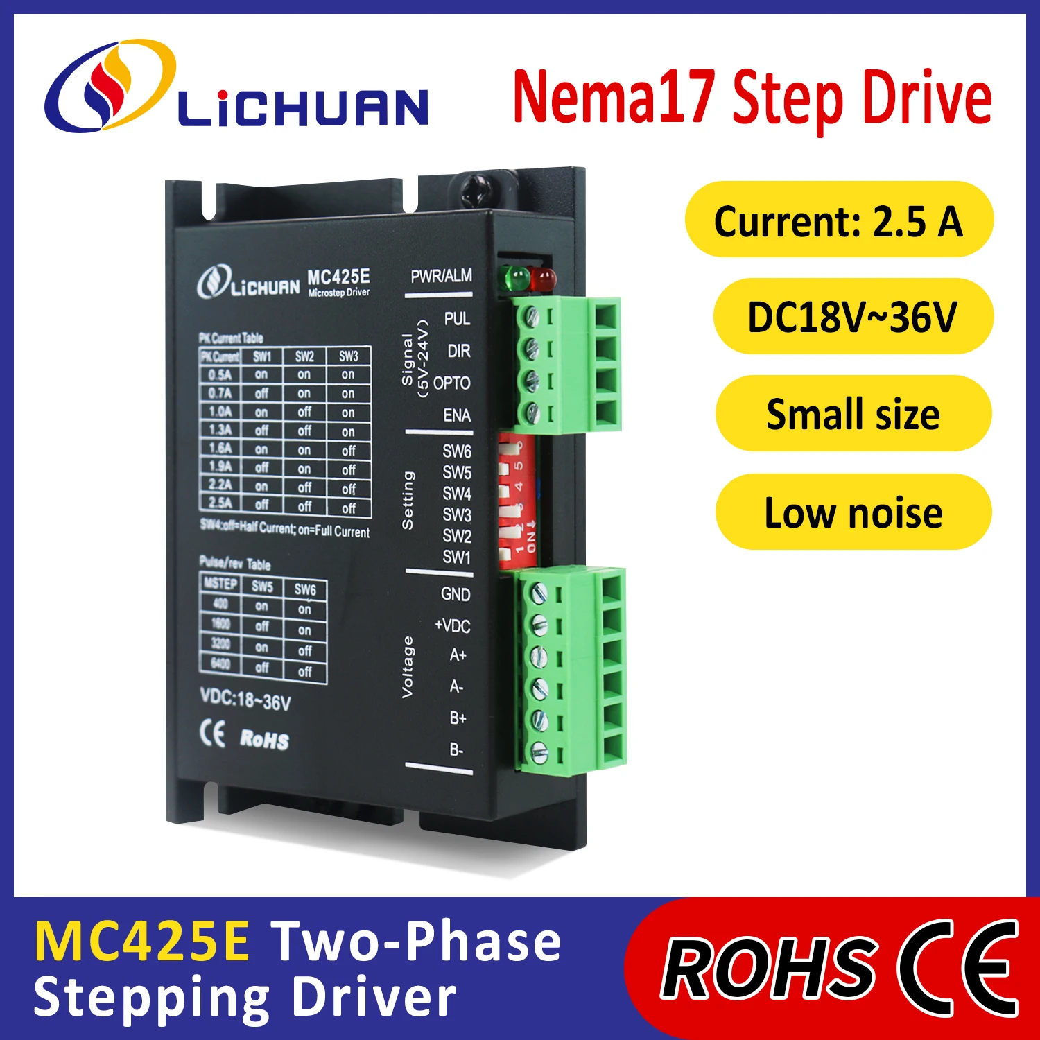 Lichuan DC18V～36V 2.5A 400～6400ppr 60～480rpm Motor Driver Stepper 2 Phase Nema17 DC Open Loop Stepper Motor Drivers for Robot