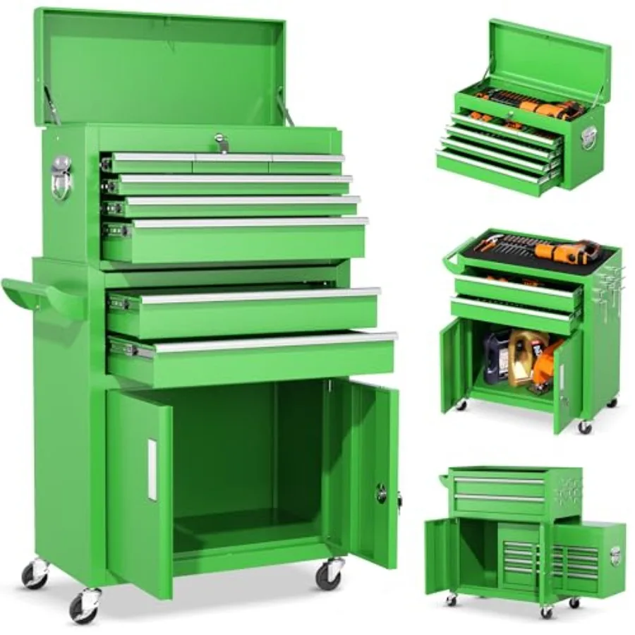 

Green 8-Drawer Rolling Tool Chest with Detachable Top Metal Tool Cart Featuring Liner and 6 Hooks for Garage and Workshop Locki