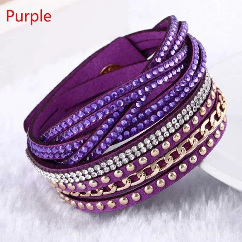 Women Fashion Summer New Leather Bracelet Rhinestone Crystal Bracelet Wrap Multilayer Bracelets for Women Jewelry Accessories