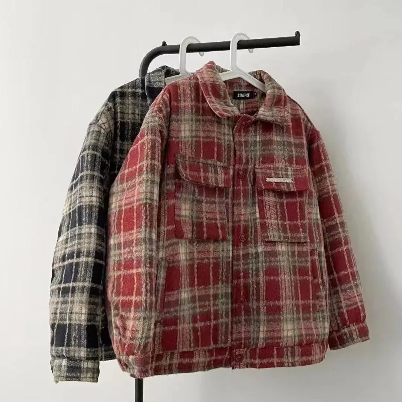 Chaqueta a cuadros Retro para hombre, cuello vuelto, manga larga de un solo pecho, bolsillos, chaquetas de calle, Tops casuales sueltos, primavera y otoño