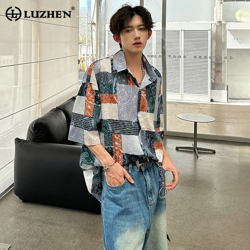 

LUZHEN 2025 Summer Color Contrast Plaid Printed Loose Casual Short Sleeve Shirts Men's Original Luxury Handsome Male Tops JY1226