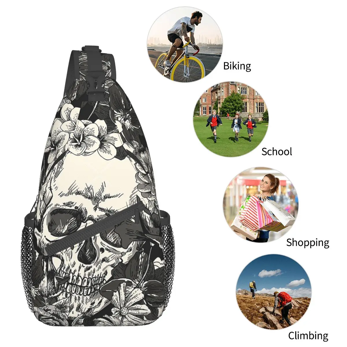 Sepia Gothic Dark Fear Crossbody Sling Bags Pattern Chest Bag Halloween Skulls Shoulder Backpack Daypack Hiking Travel Camping