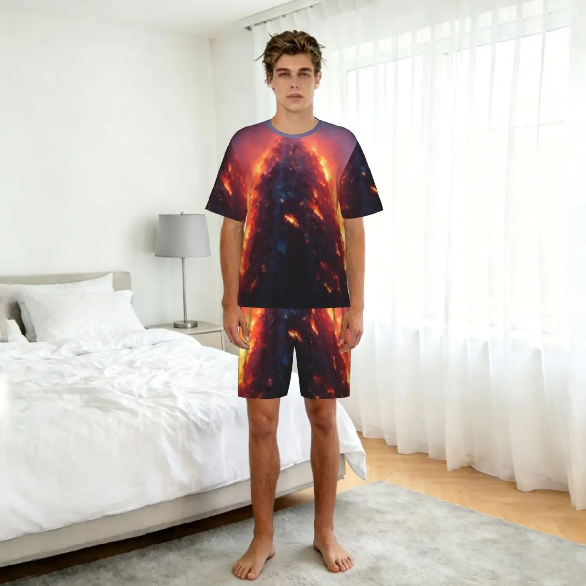 Fotografia 6: Conjunto de Pijama Casual Masculino com Camiseta de Manga Curta e Shorts, Roupas para Casa, Conjunto de Dormir