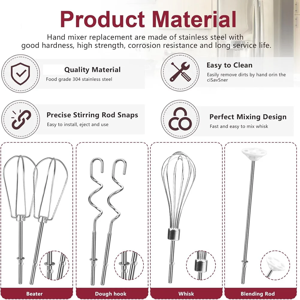 Accessoires de mélangeur à main batteur, fouet, tige de mélange et crochets de pâte, accessoires de mélangeur à main en acier inoxydable pour Kitchenaid