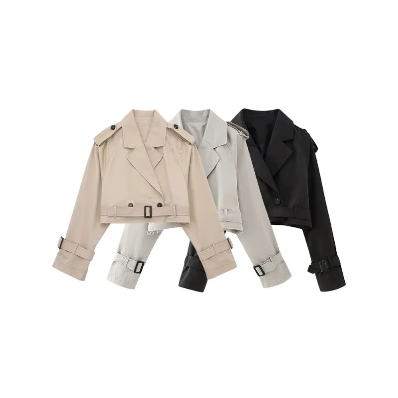 

Women Fashion With Belt Cropped Trench Jacket Vintage Notched Neck Long Sleeve Female Chic Lady Coat Outfits