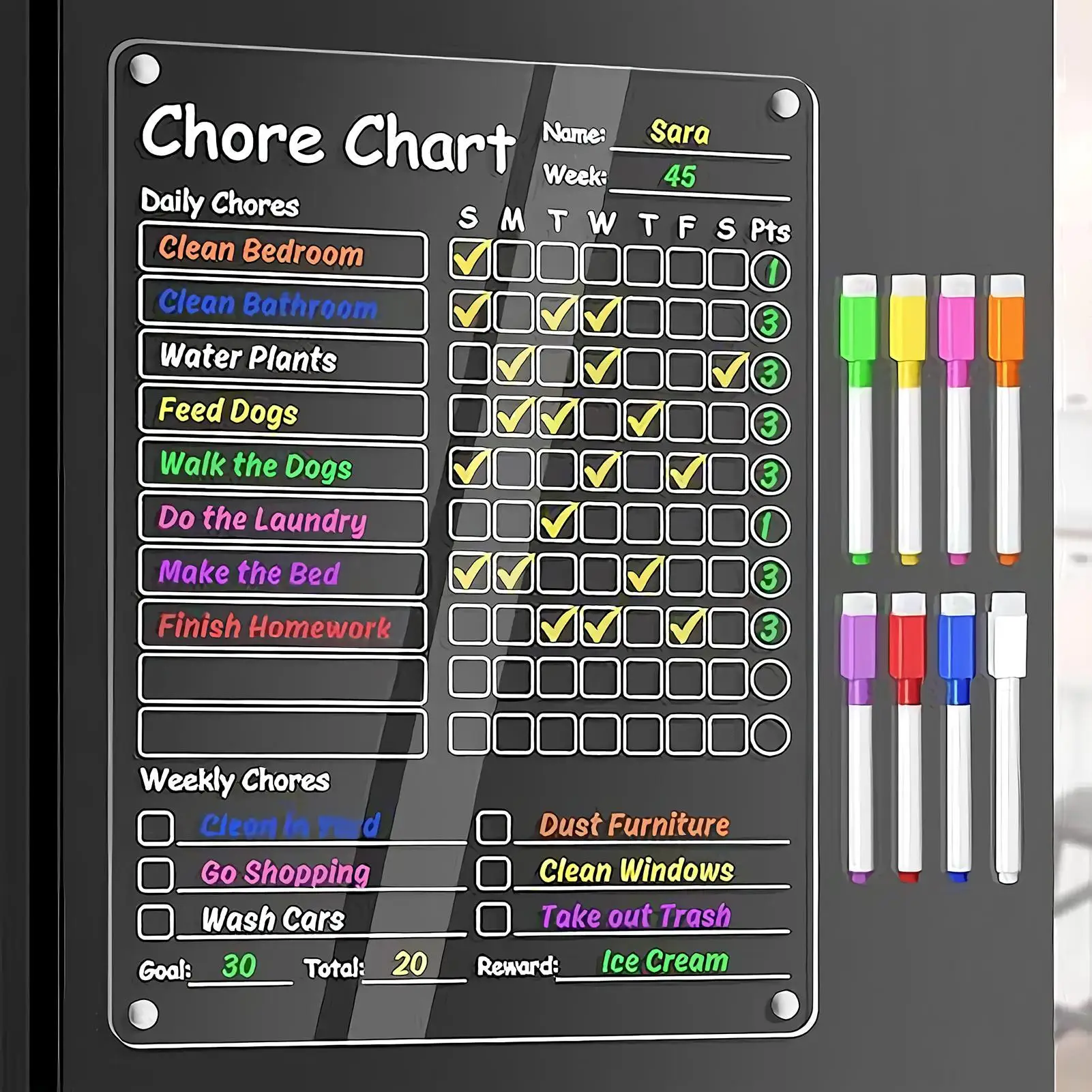 مخطط عمل أكريليك للأطفال، لوحة عمل قابلة للمسح الجاف، لوحة مغناطيسية قابلة للمسح للمنزل والأطفال، روتين للبالغين