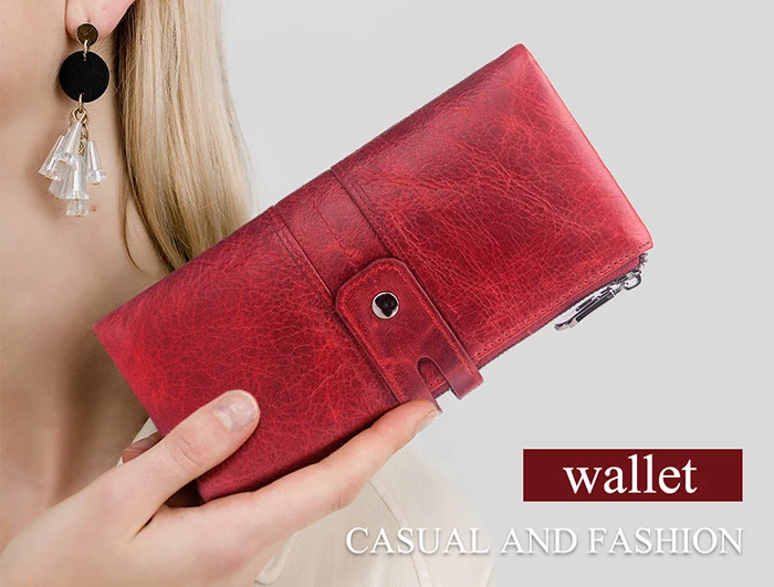 KAVIS Damen-Geldbörse, echtes Leder, lange Clutch mit RFID-blockierendem Kartenhalter, Reißverschluss, Münzgeldbörse, große Kapazität, Handytaschen – Detail 1