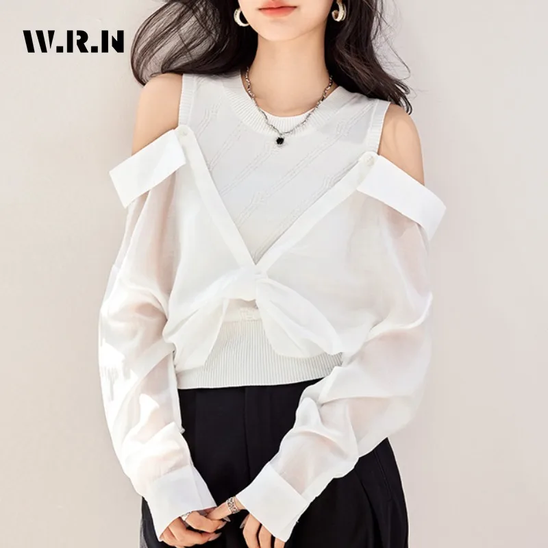 Korean Casual Sexy Style Round Neck Solid Color Knitting Blouses 2024 Spring Women's Fake Two Piece Patchwork White Shirts