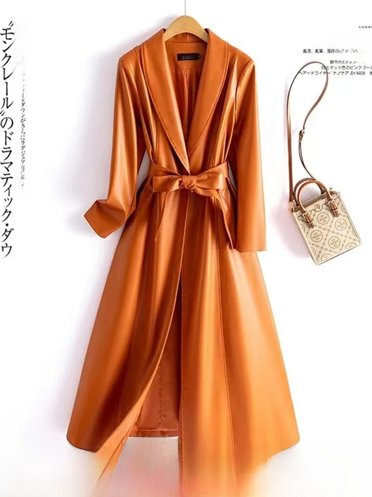 하이닝 천연 가죽 자켓 여성용 중간 길이 2025 봄 가을 신상 한국 버전 슬림핏 천연 가죽 코트 벨트 포함