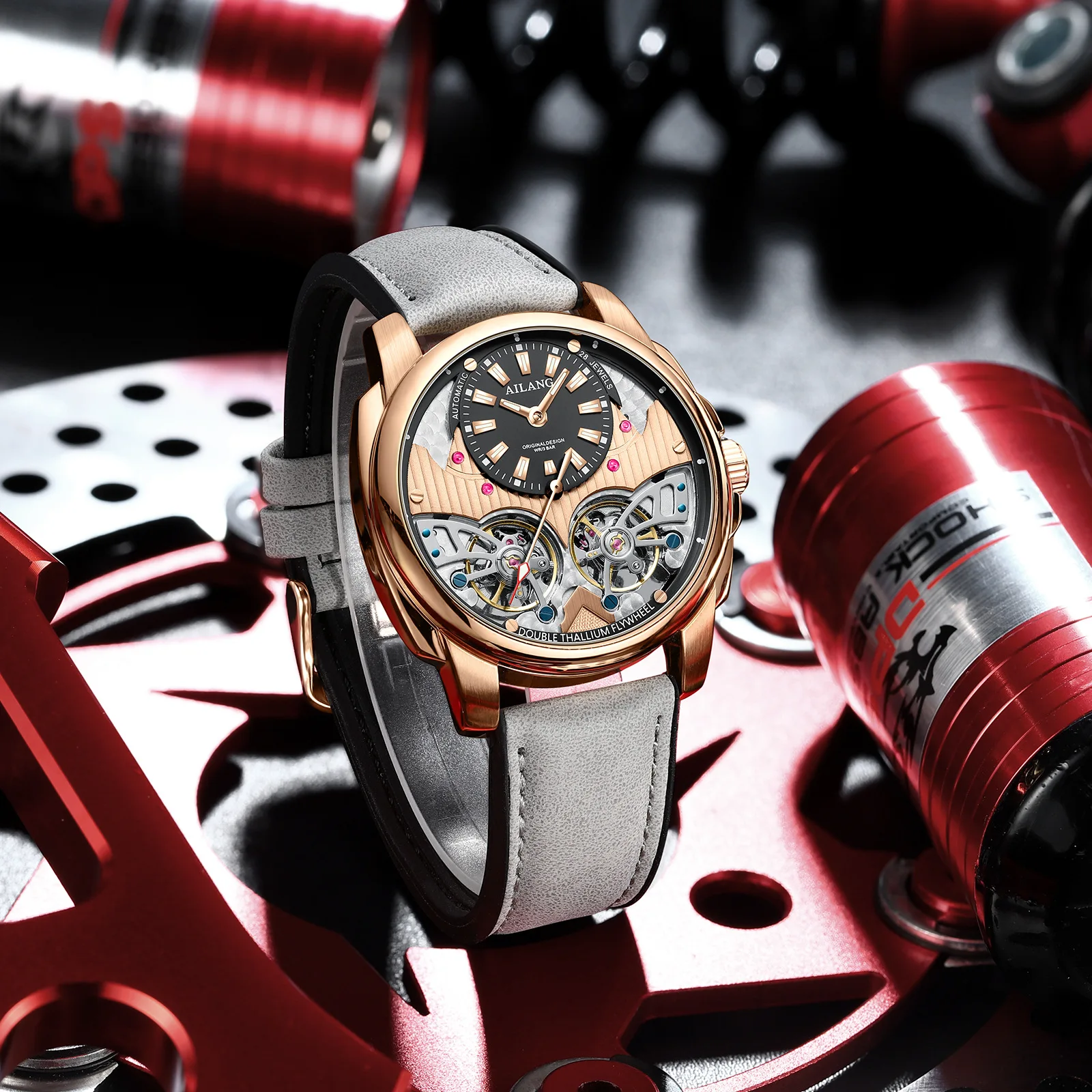 Vintage AILANG Automatic Watch Men Skeleton Double Flywheel Mechanical Wristwatch for Gift