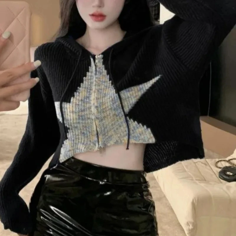 DAYIFUN-Retro Knitted Cardigans For Women Patchwork Stars Sweaters Vintage Cropped Hooded Jumpers Streetwear Autumn Ladies' Tops