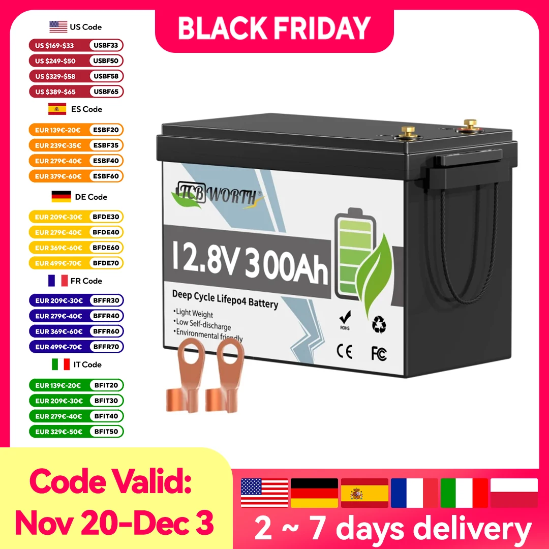 TCBWORTH Batería de litio LiFePO4 de 12 V y 300 Ah con 200 A BMS, más de 6000 ciclos, protección de baja temperatura para vehículos recreativos, fuera de la red, almacenamiento en el hogar y marinos