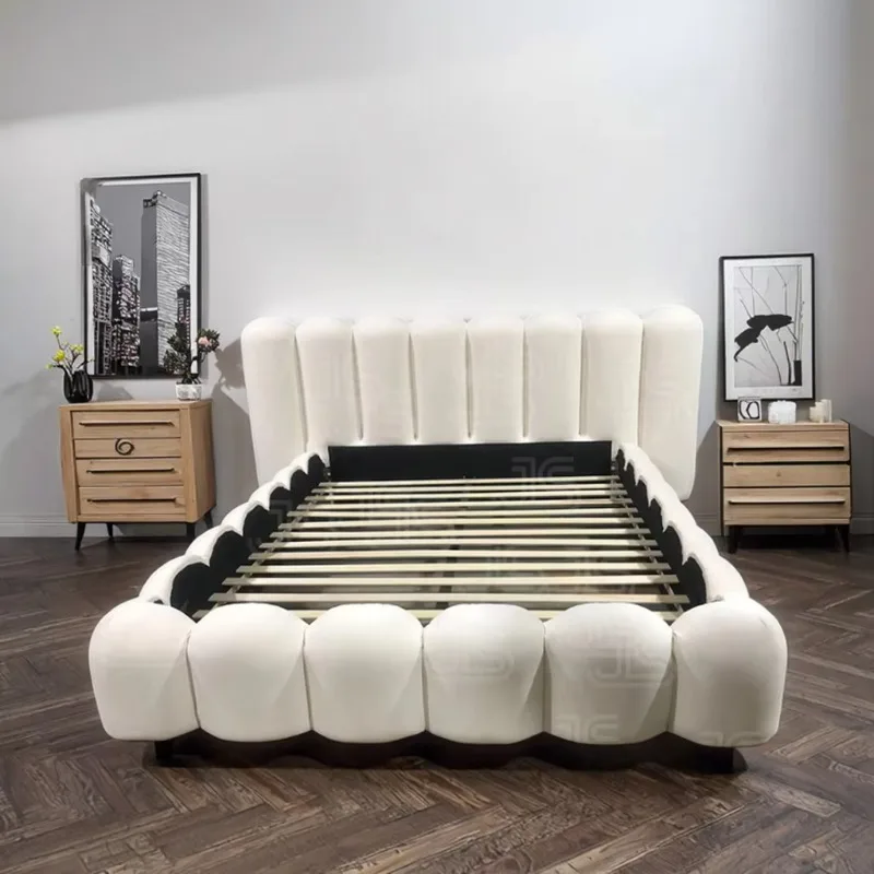 Custom Creamy Up-Holstered Beds Fabric Modern Upholstered Storage Bed Luxury Full Size King Size Wooden Double Bed Frames