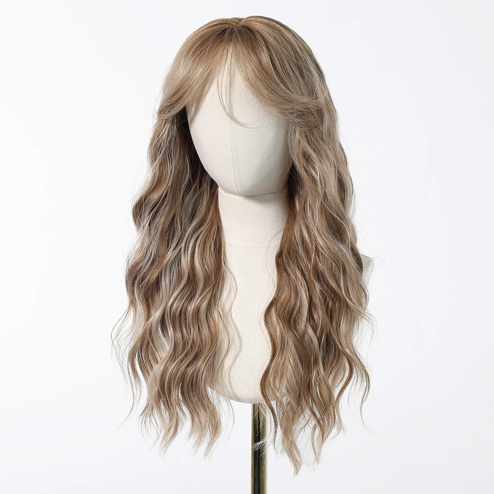 HENRY MARGU Brown Curly Synthetic Wig with Bangs Blonde Highlight Long Wavy Wigs Daily Party Heat Resistant Fake Hair for Women