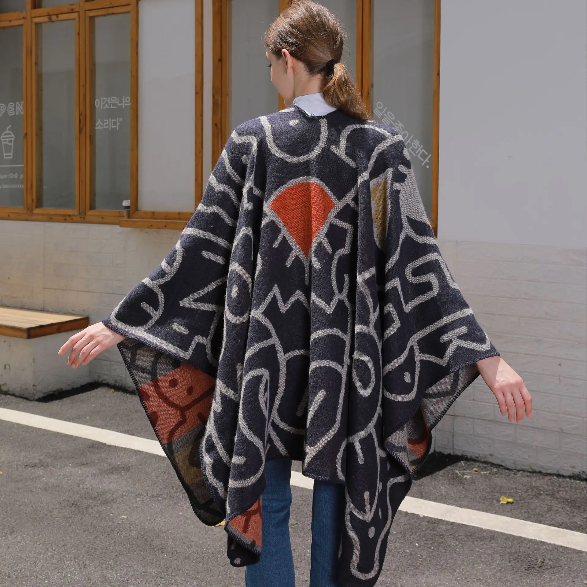 7 Colors Female Long Poncho Shawl Capes Printed Cartoon Pattern Loose Cloak Blanket Women Autumn Faux Cashmere Outerwear Mantle