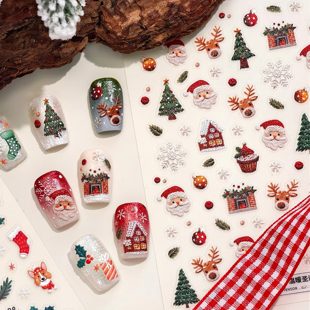 

Lovely Santa Claus Christmas Tree Ball Elk Cupcakes House Fireplace Snowflake 5D Embossed Nail Art Stickers Xmas Manicure Decals