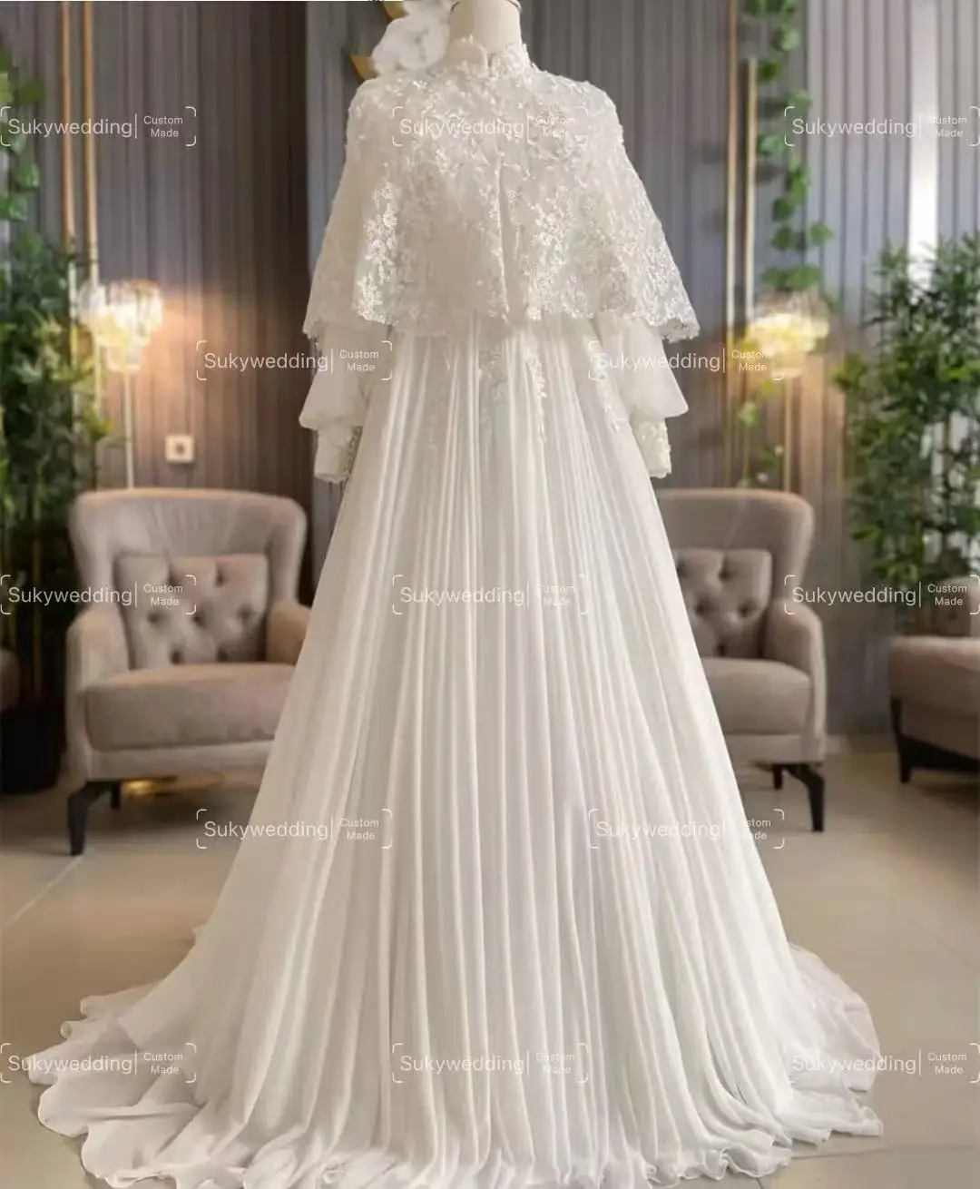 Vestidos de novia musulmanes personalizados con envolturas, manga larga, cuello alto, encaje, línea A, largo hasta el suelo, vestido de novia islámico de estilo campestre