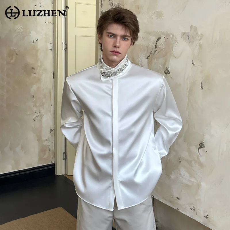 LUZHEN 2025 Autumn New Fashion Sequin Patchwork Cuffs Stand Neck Long Sleeve Shirts Men's Handsome Luxury Elegant Clothes JY5351