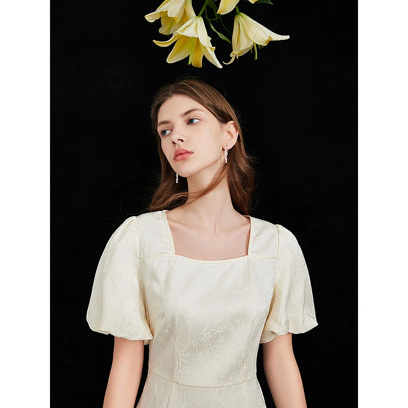 TOYOUTH 여성용 원피스 자카드 중국 스타일 치파오 하이 스플릿 스퀘어 넥 버프 슬리브, 슬림핏 밴디지 원피스, 2024 여름 신상