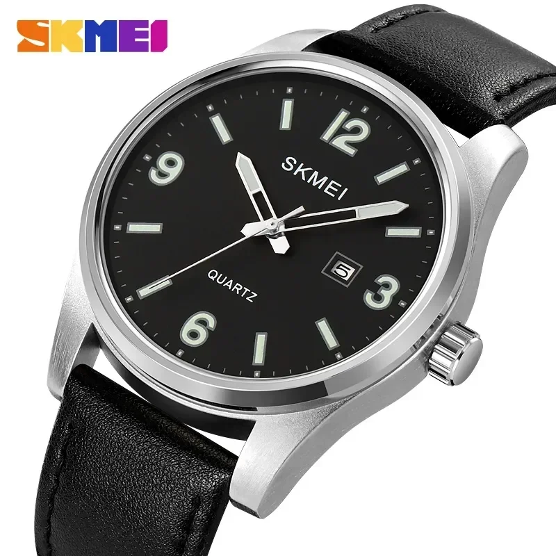 SKMEI Mens Casual Date 3Bar Waterproof Business Wristwatch reloj hombre Clock New Simple Genuine Leather Strap Quartz Watches