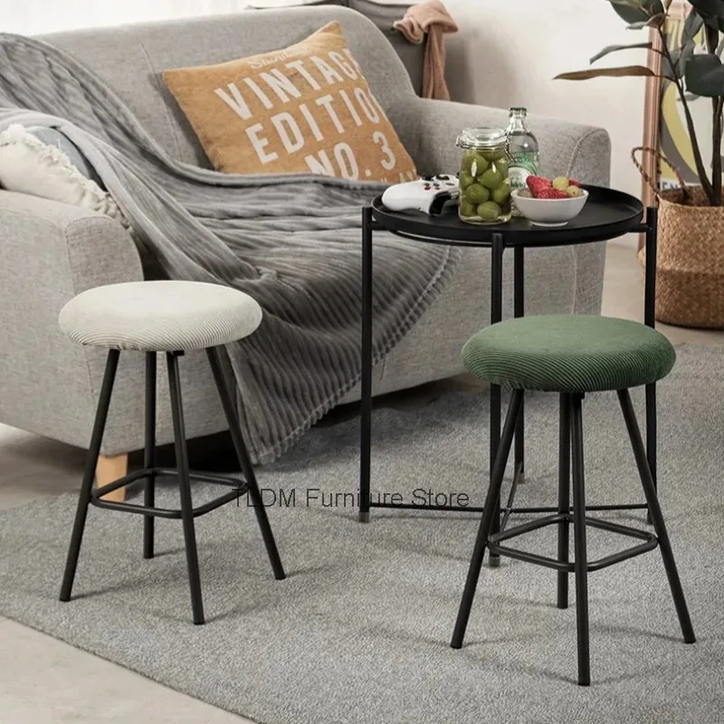 Nordic Round High Stool Striped Corduroy Padded Seat Built-in Footrest Home Kitchen Balcony Temporary Guest Bar Stool