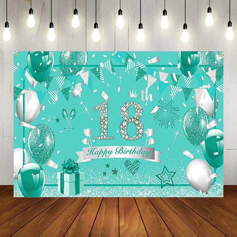 

Teal Silver 18th Birthday Breakfast Blue Supplies Background Decorations Photography Backdrop Banner Poster Party Queen King