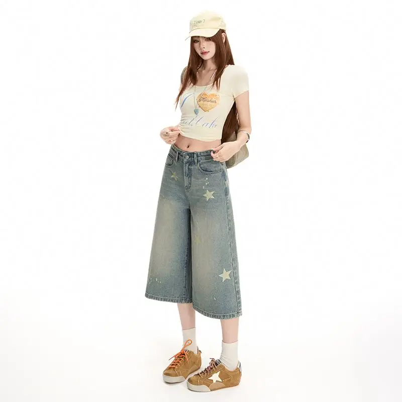 Korean Summer Wide Leg High Waist Denim Shorts  Women Fashion Pocket Y2K Pant Streetwear Casual Cowboy Jeans Retro Capri Trouser