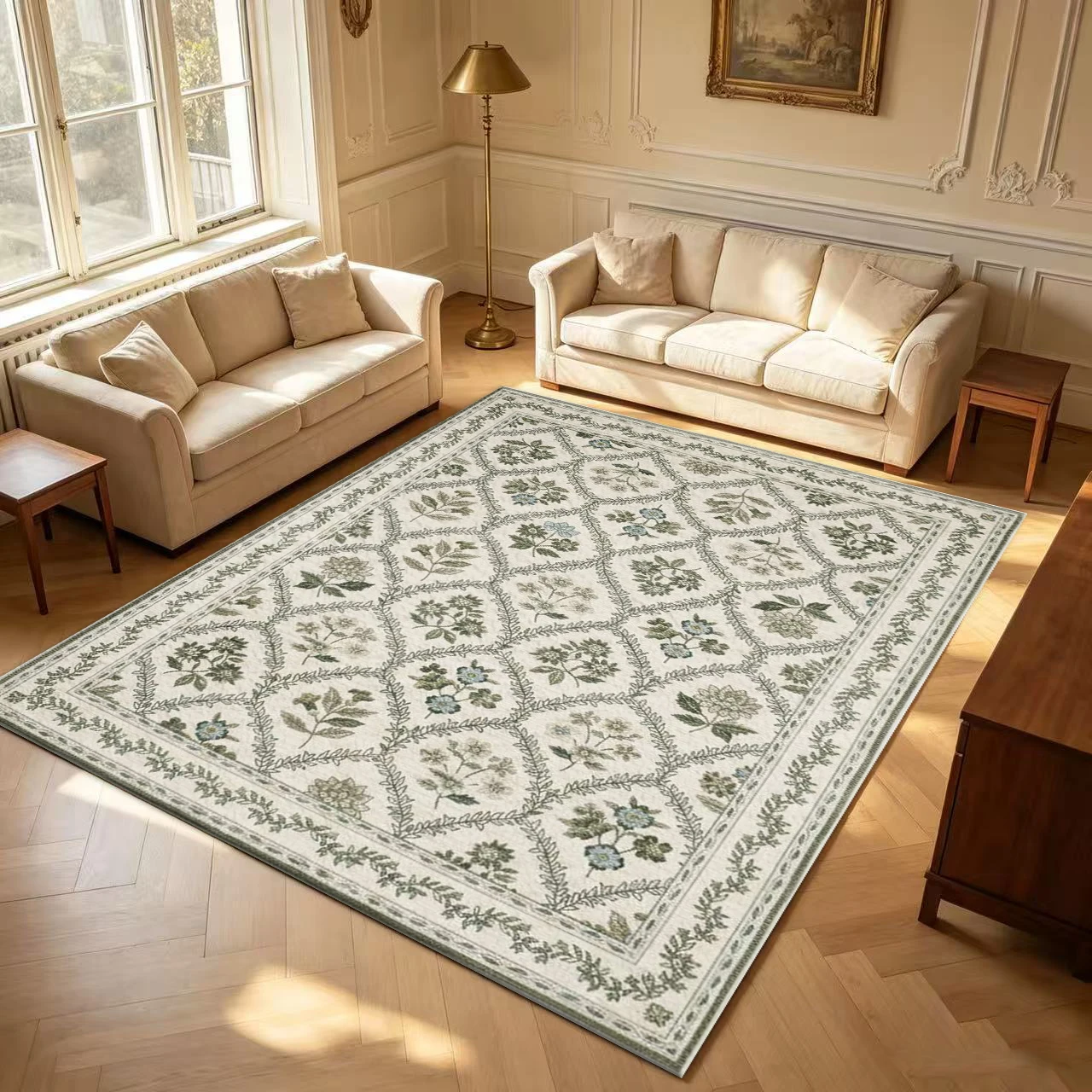 Square Vintage Floral Area Rug Non-Slip Washable Carpet For Living Room Bedroom Home Decor