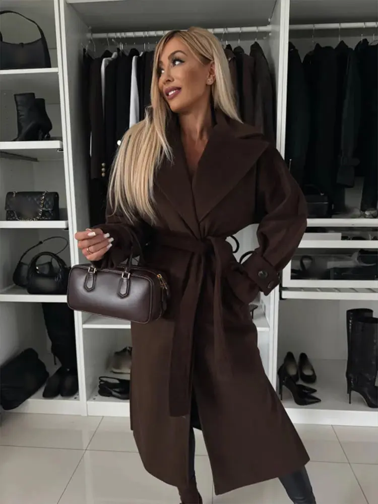 Elegant Wine Red Lapel Women\'s Overcoat With Belt 2024 Fashion Full Sleeves Side Split Long Coat Fall Winter Lady Chic Outerwear