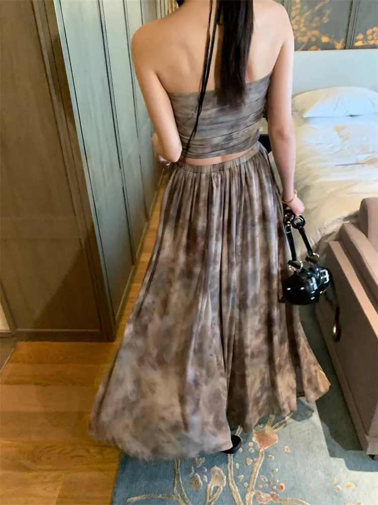 High Street Sexy New Summer Women Designer Vintage Printed Strapless Tube Top High Waist Long Skirt Female Two Piece Set