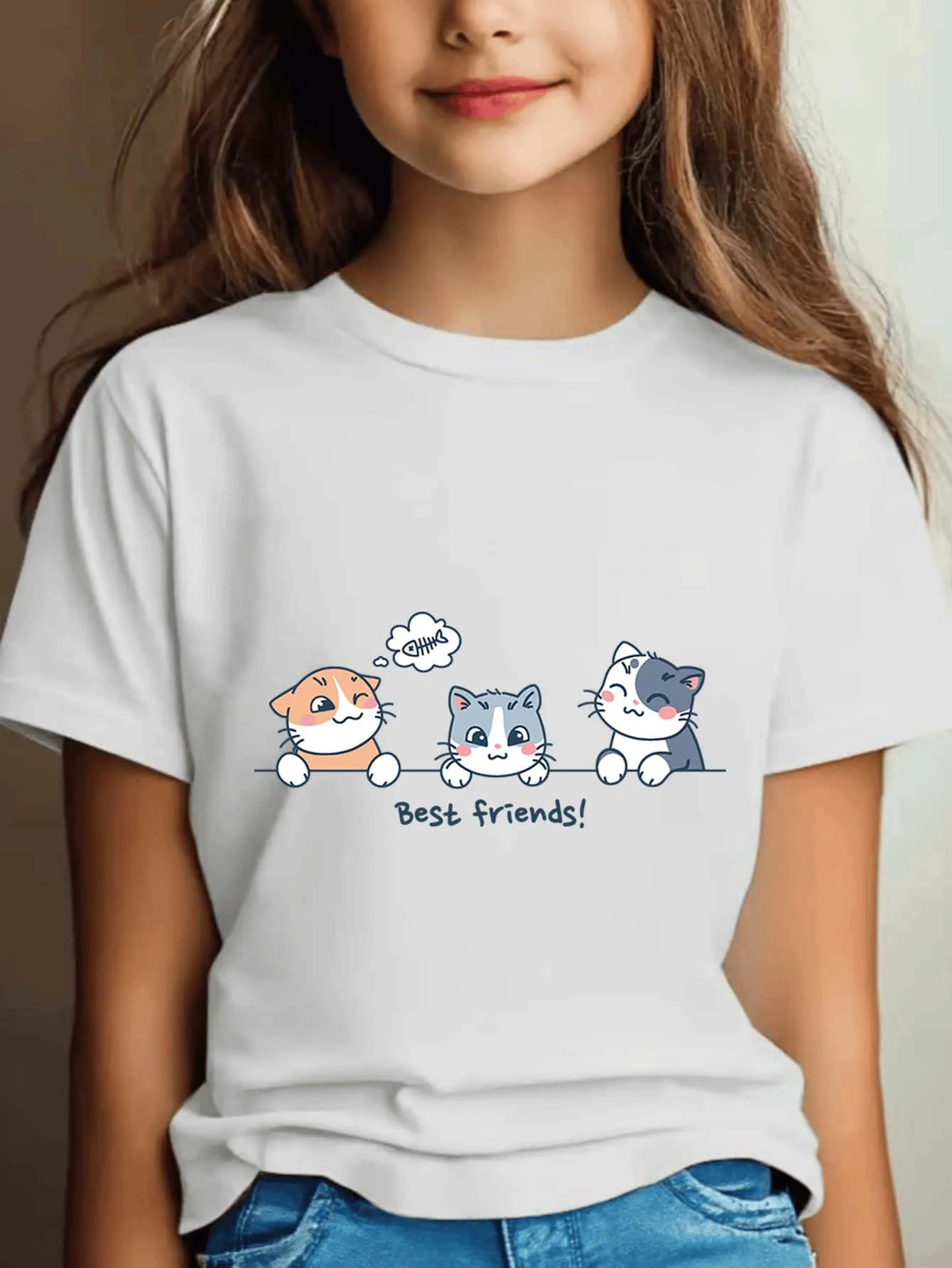 Cute Cartoon Kitten Print Boys Girls T Shirt Lovely Cat Kids Tee Parent Child Matching Casual Summer Family Daily Wear Tops