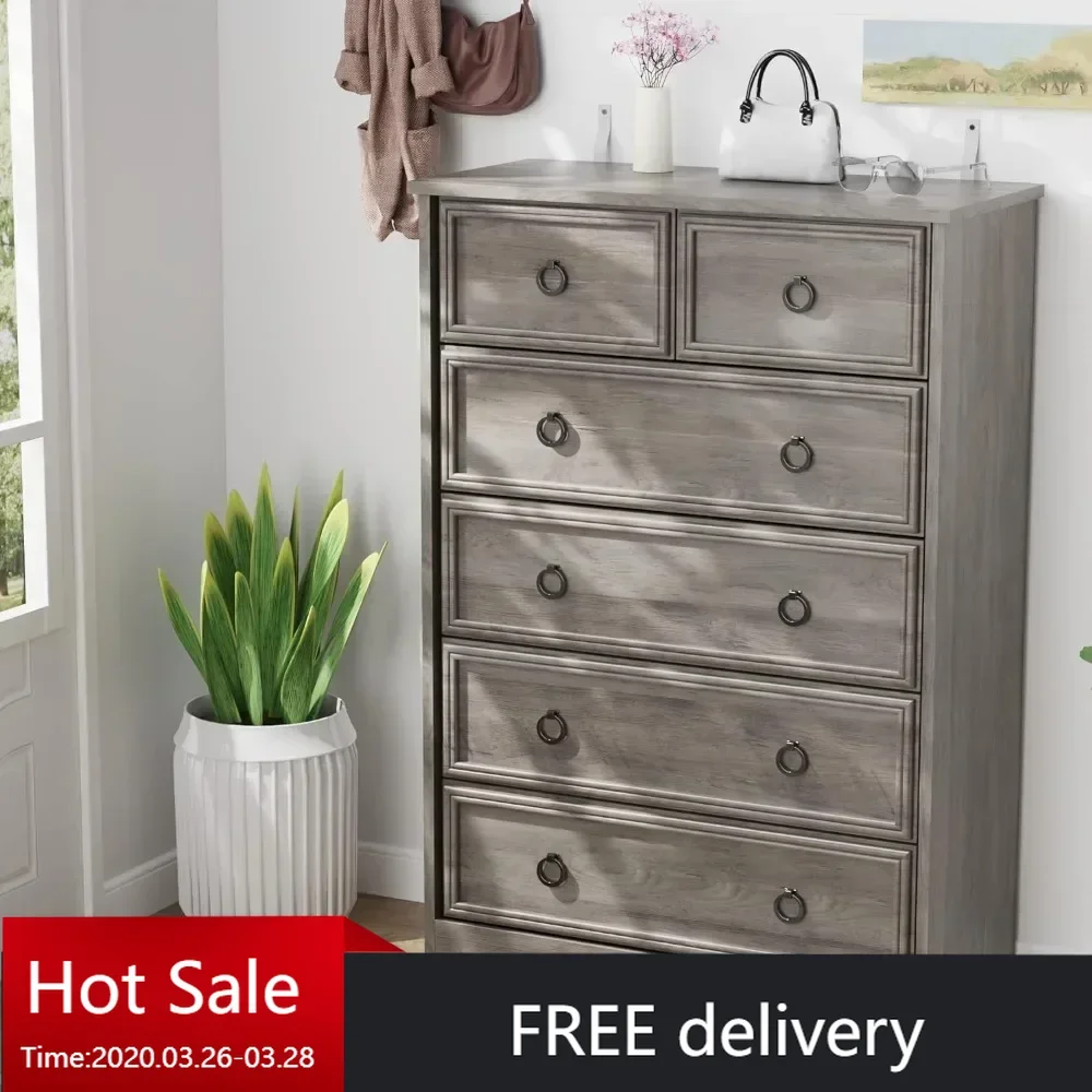 Modern 6 Drawer Dresser, Tall Chest of Drawers Closet Organizers & Storage Clothes - Easy Pull Handle, Textured Borders