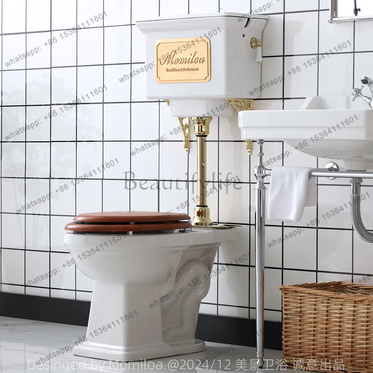 American medium water level retro toilet toilet household chestnut solid wood cover