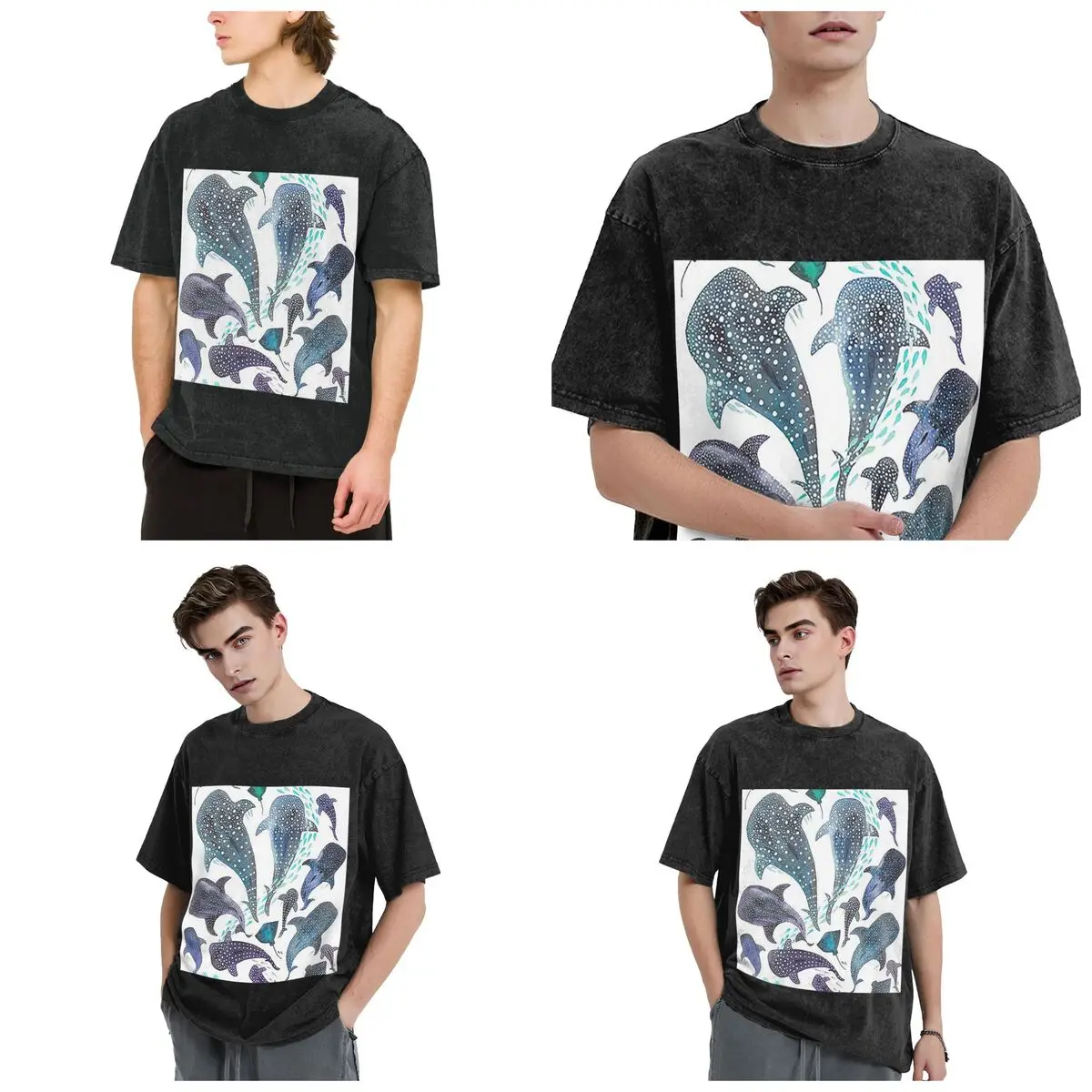 Streetwear T-Shirts Whale Shark, Ray And Sea Creature Play Washed T Shirt Short Sleeve Hip Hop T-Shirt Tops Tees for Men Women