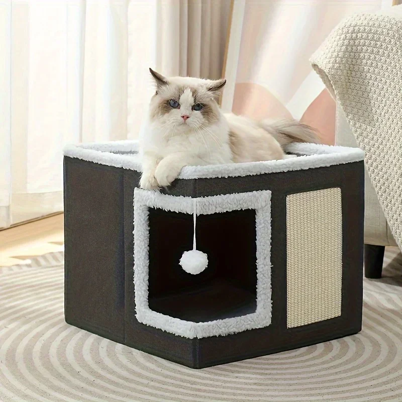 Foldable Cat House with A Built-in Scraper Features A Sleek Modern Design and Includes A Non-slip Bottom for Added Stability