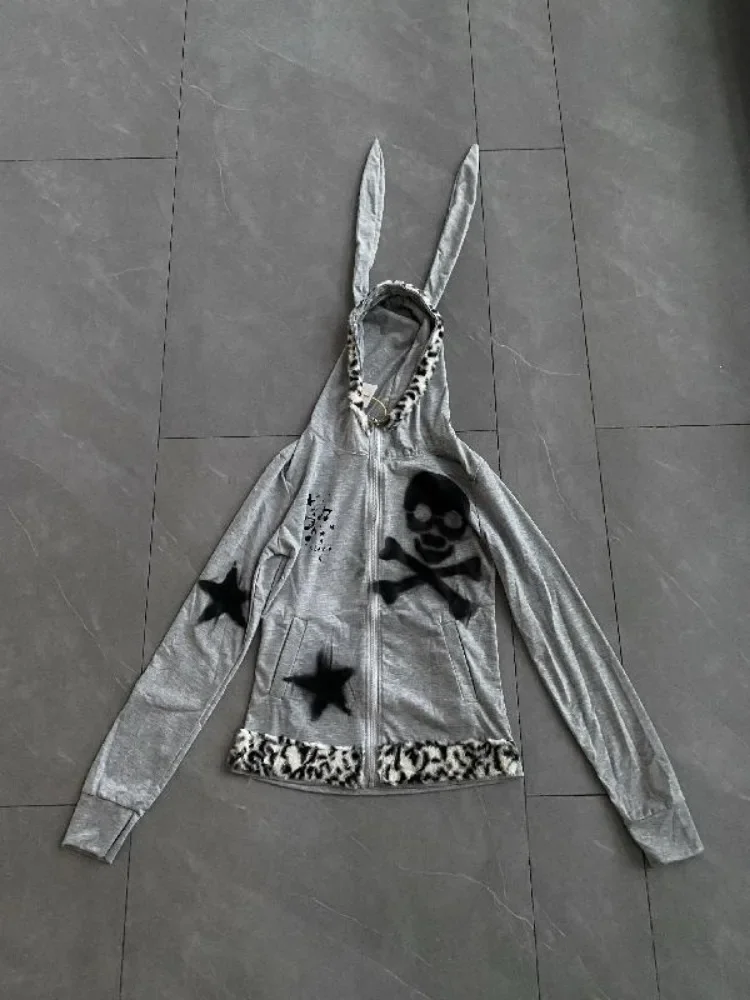 American Vintage Gothic Grunge Bunny Ears Hoodie Y2k Zip Up Sweatshirt Streetwear Anime Cute Punk Jacket Print Slim Coat New