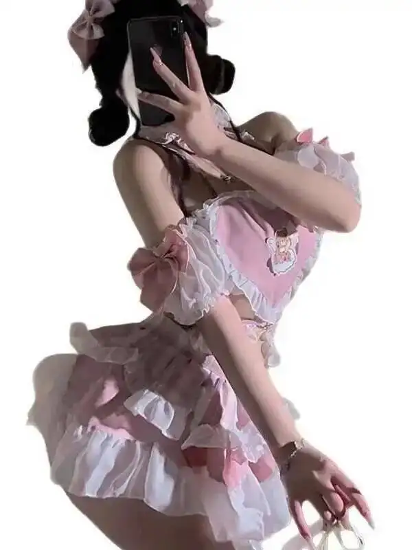 Seksowna, słodka sukienka nocna typu halter z motywem pokojówki, piżama \"Little Maid Pure Desire\" dla kobiet, elegancka różowa, słodka mini sukienka w stylu koreańskim, rozmiar 15E