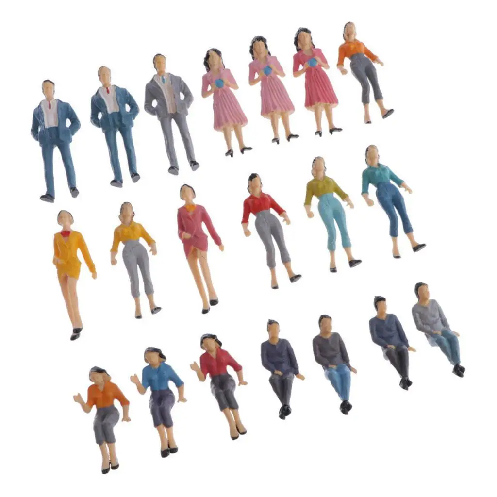 Pequenas figuras plásticas pessoas para cenas em miniatura, mini trens, arquitetônico, 1/25, 20pcs