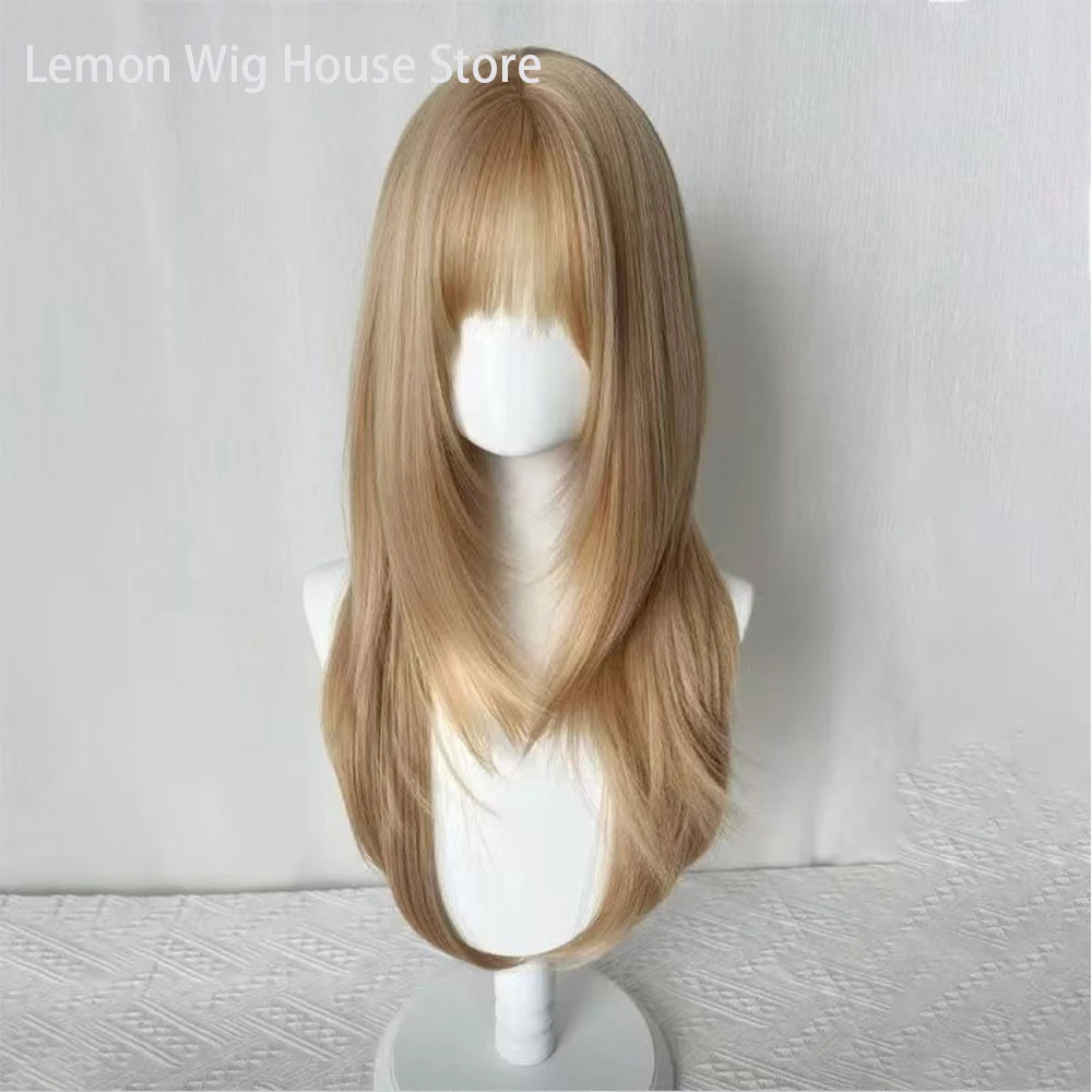 Picture 4: Flax Gold Synthetic Wig with Bangs Long Straight Hair High-Layered Lolita Wigs for Women's Daily Cosplay Wig Heat Resistant