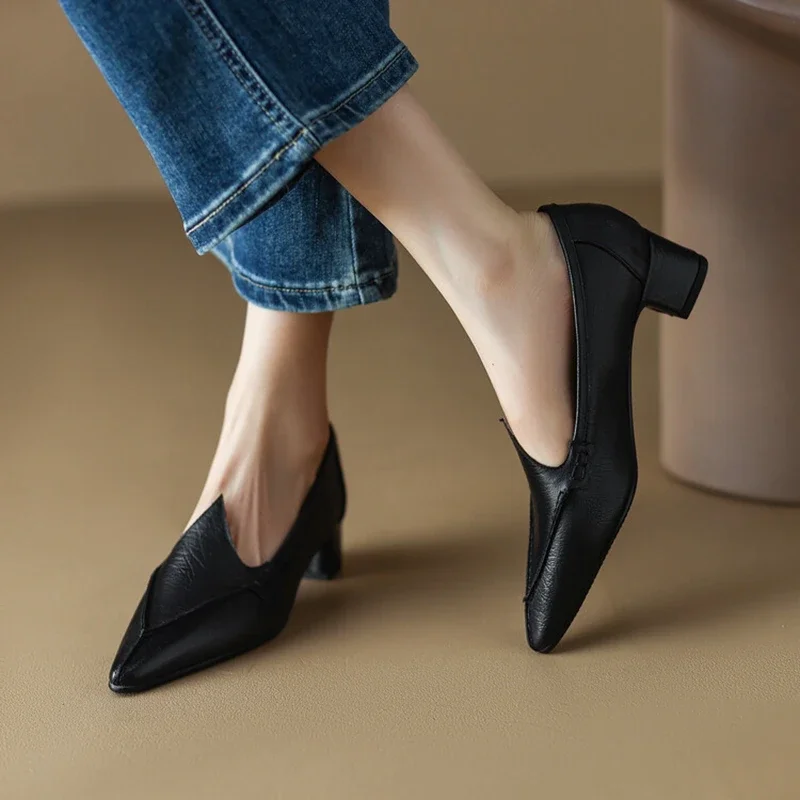 NEW Spring/Autumn Women Loafers Pointed Toe Chunky Heel Shoes Genuine Leather Shoes for Women Retro Concise Handmade Women Pumps
