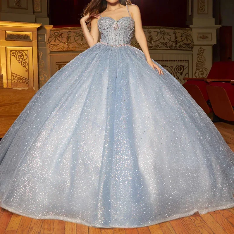 Angelsbridep Customized Light Blue Spaghetti Straps Ball Gown Quinnceanera Dresses Glitter Tulle Vestidos De 15 Quinceañera