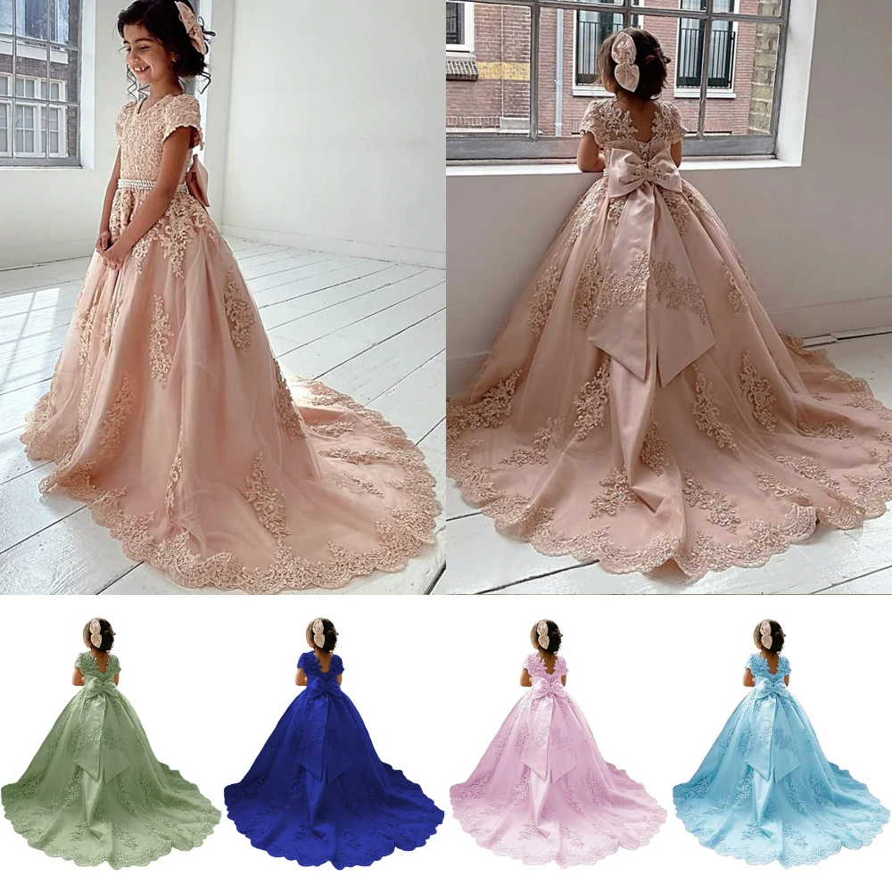 

Elegant Princess Flower Girl Dress Wedding Dressses With Beaded Appliques Pageant Dress Kids Long Train Party Evening Gowns