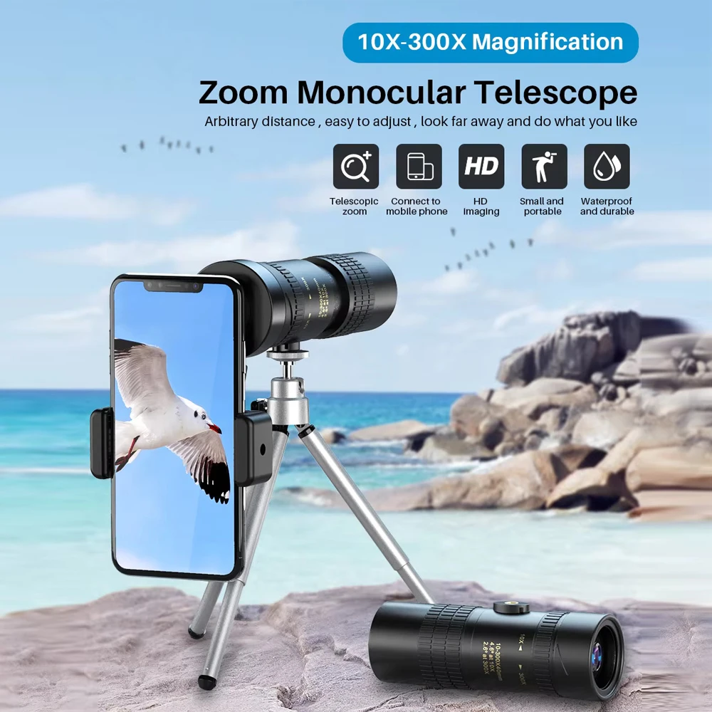 Super telephoto zoom monocular telescope portable 10-300x40 monocular lens with mobile phone adapter tripod Mobile phone lens