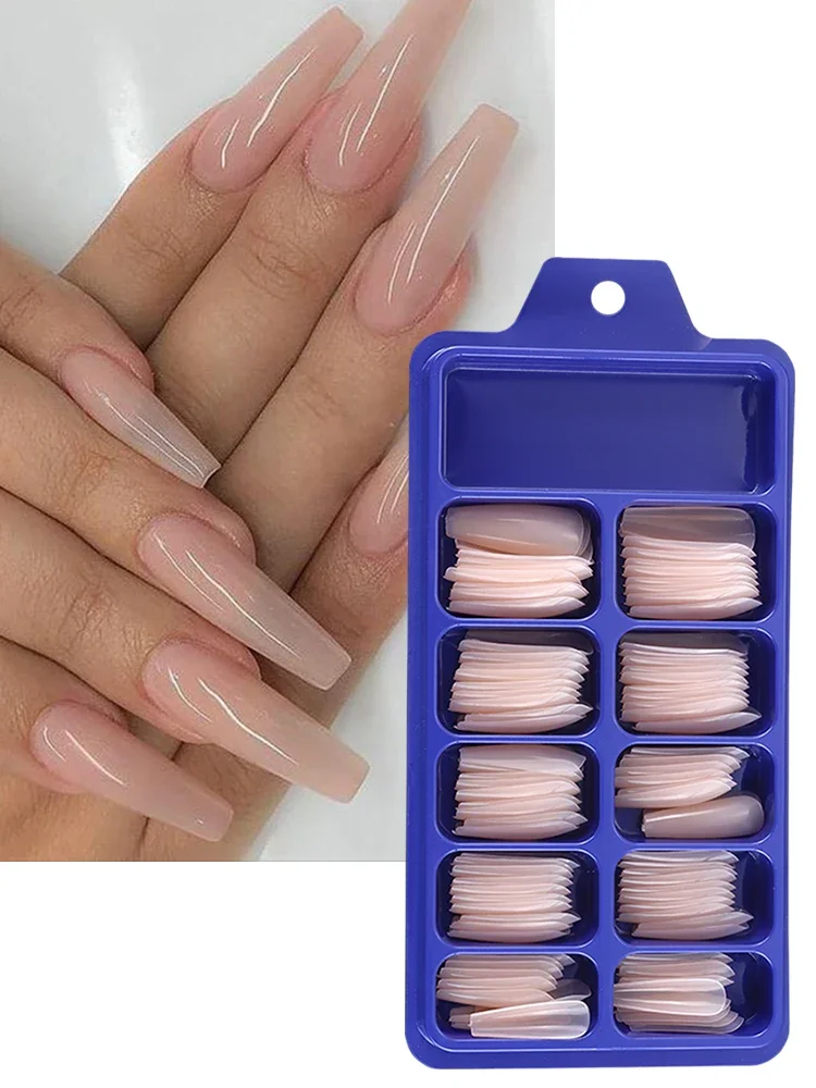 100 pièces nu rose faux ongles presse sur ongles acrylique Extension cercueil formes ongles conseils artificiel longue couverture complète ongles outils
