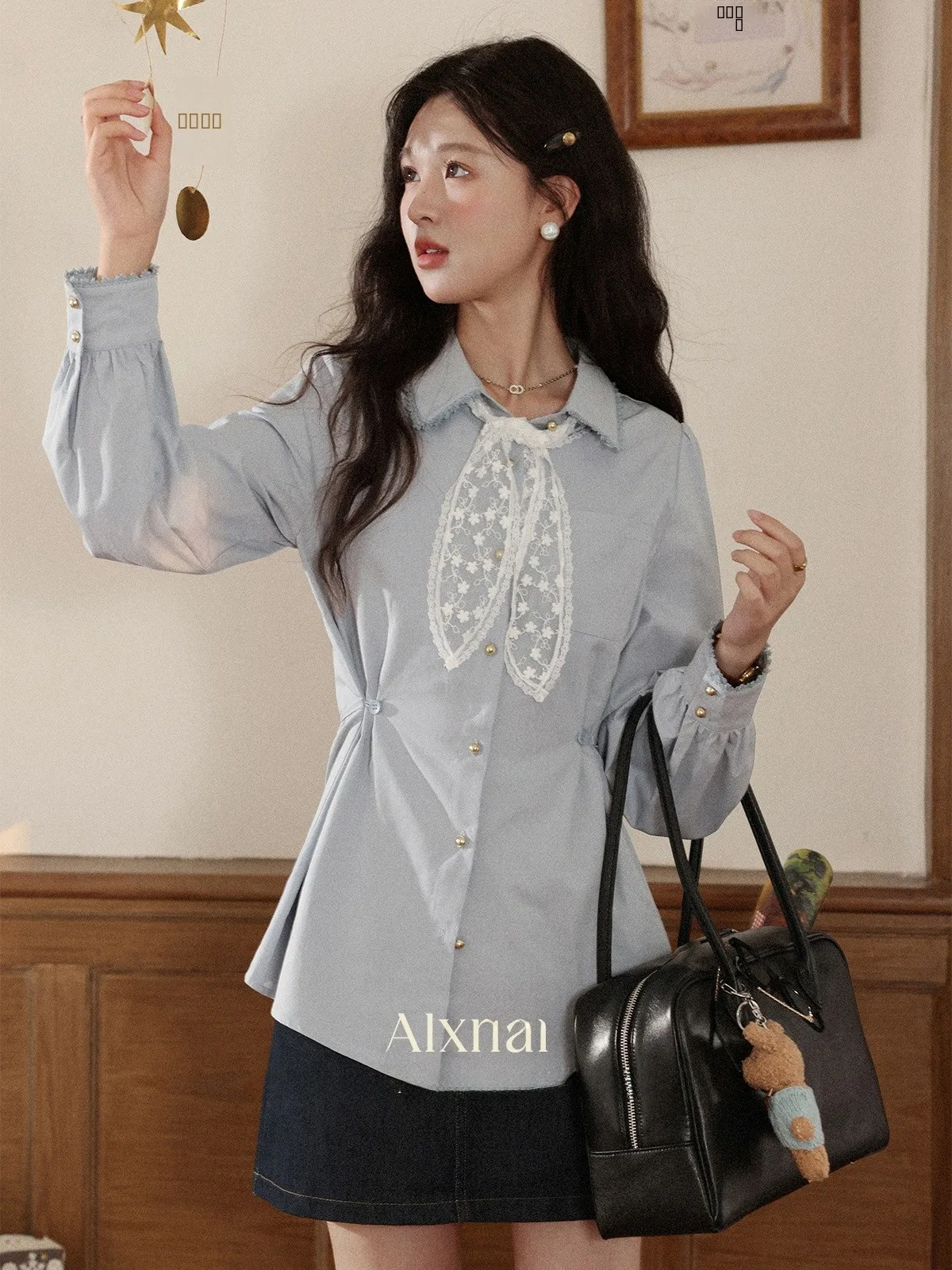 

Blue Long Sve irt Women's Casual Lapel Open Cardigan Autumn New Sle Qiniu South Deer Design Sense Elegance Breathable