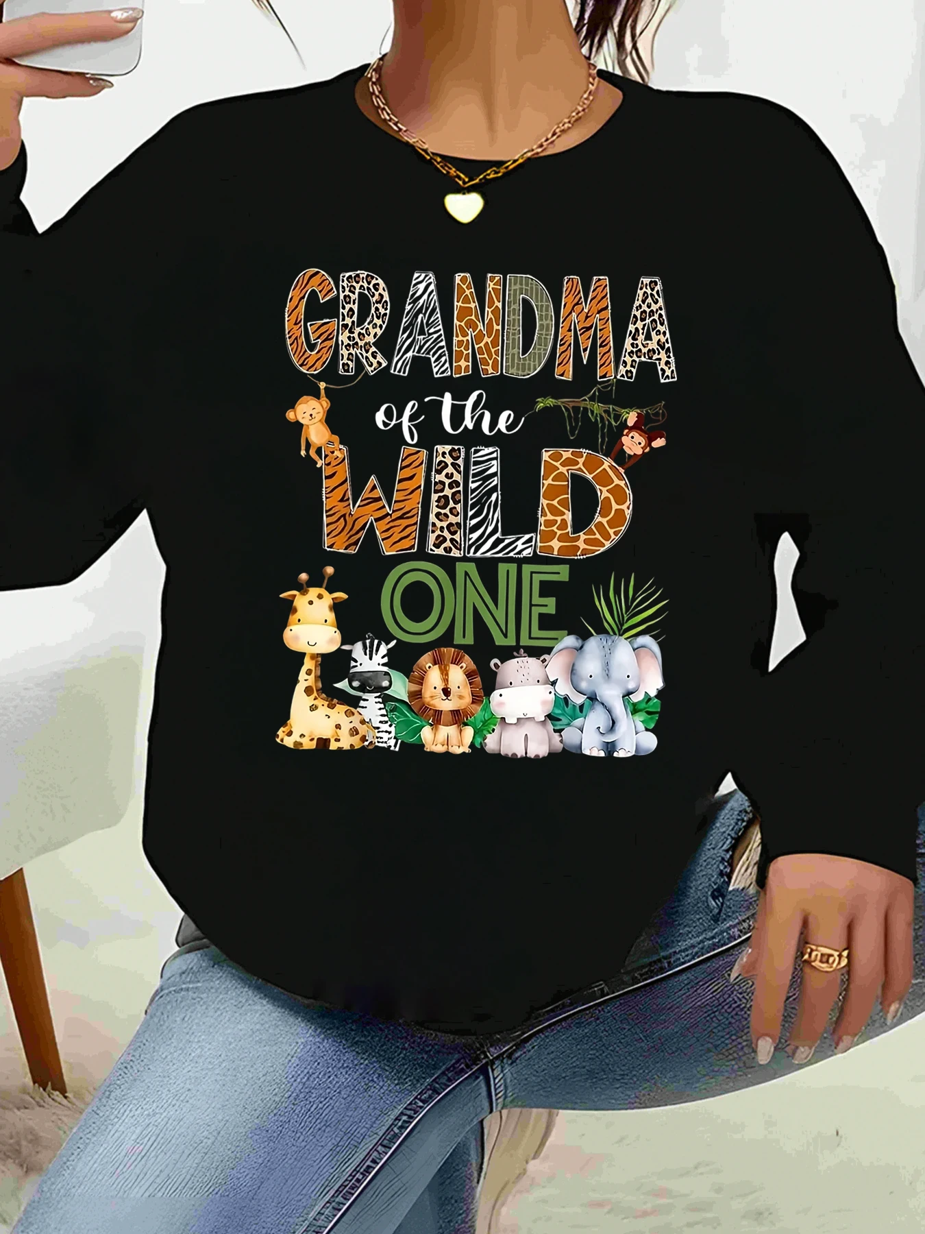 

Толстовка с рисунком «Бабушка диких животных» «Бабушка диких животных» Женская повседневная одежда для воссоединения семьи