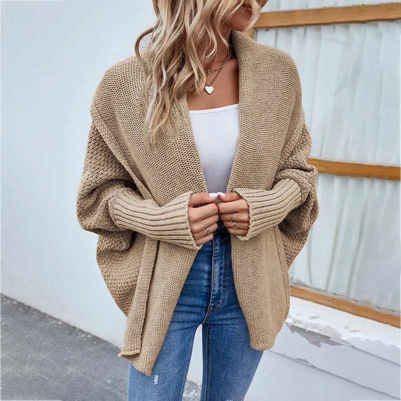 Women Autumn and Winter Fashion New Scarf Collar Cardigan Sweater Solid Color Leisure Versatile Mid-length Batwing Sleeve Coat